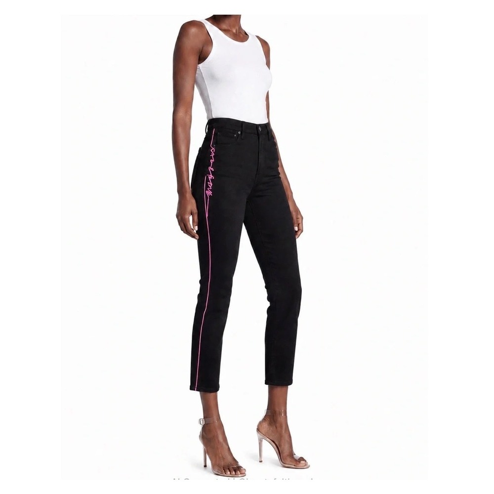 Rag & Bone High Rise Ankle Cigarette Jeans Black Neon Pink Stripe Size 28